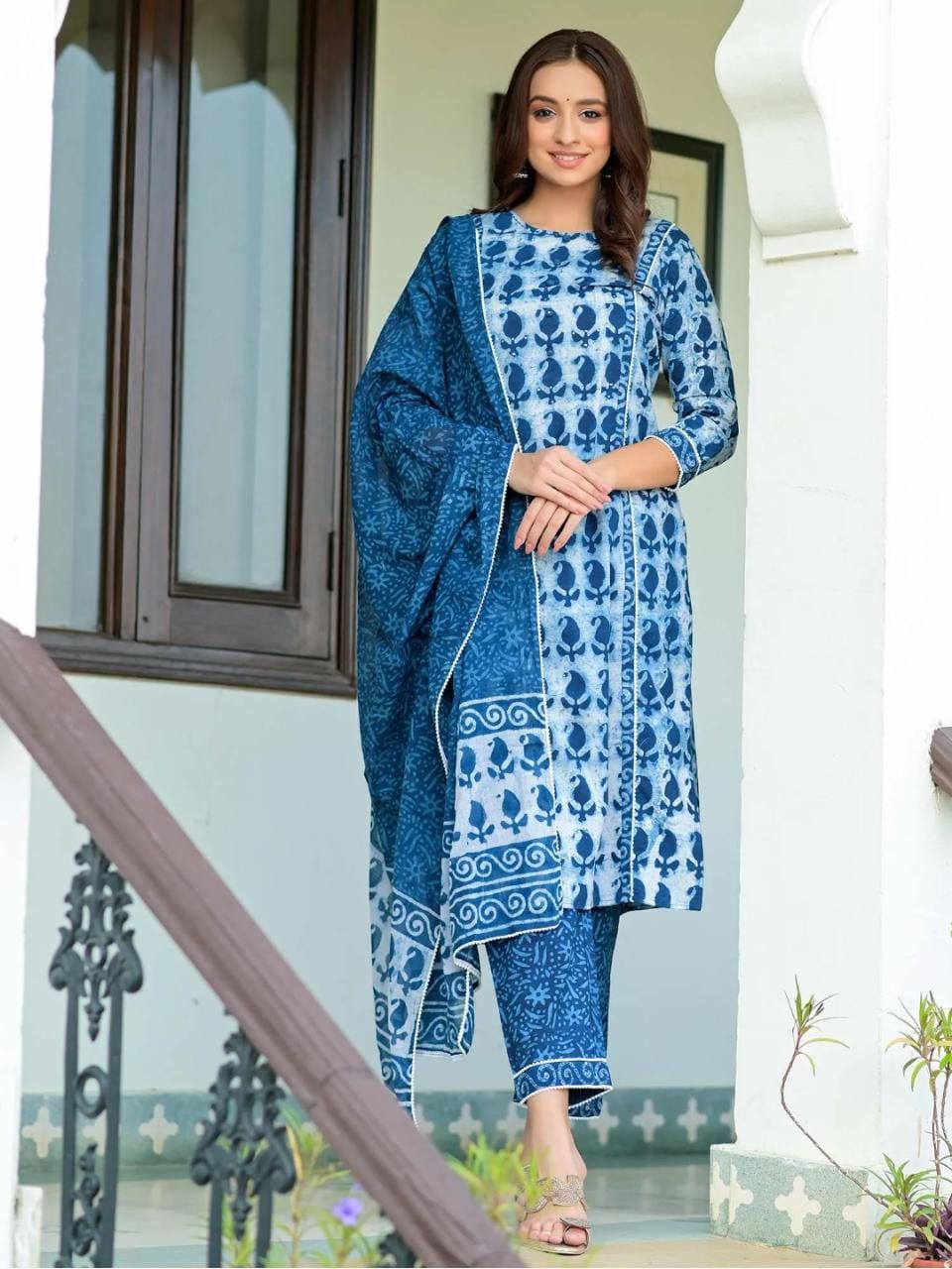 Beautiful Printed Sky Blue Colour Cotton kurta pant and dupatta set