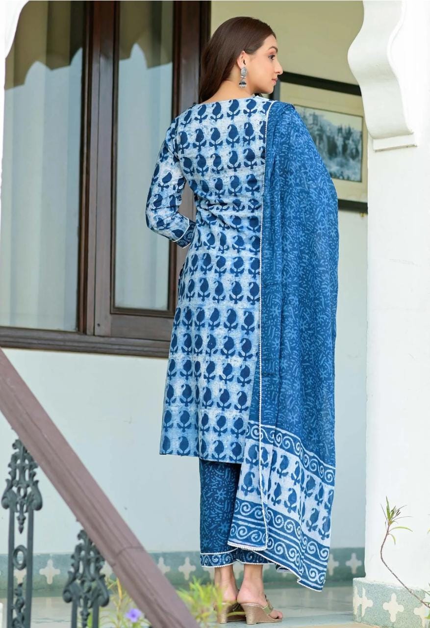 Beautiful Printed Sky Blue Colour Cotton kurta pant and dupatta set
