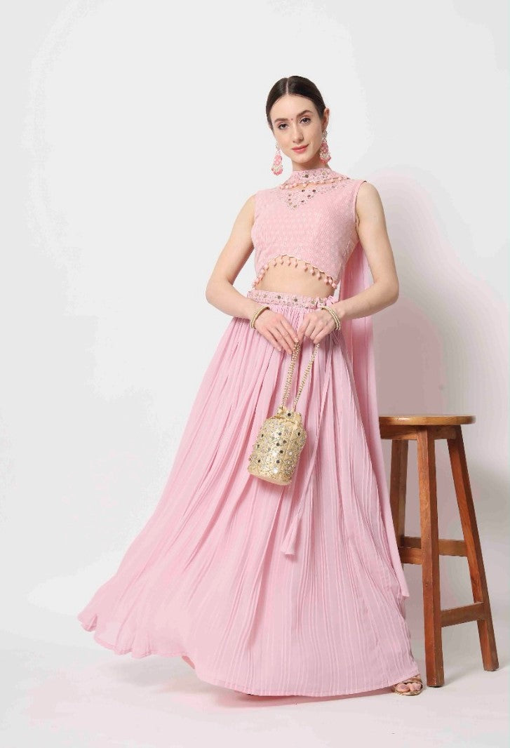 Embellished Mirror Work Semi-Stitched Lehenga