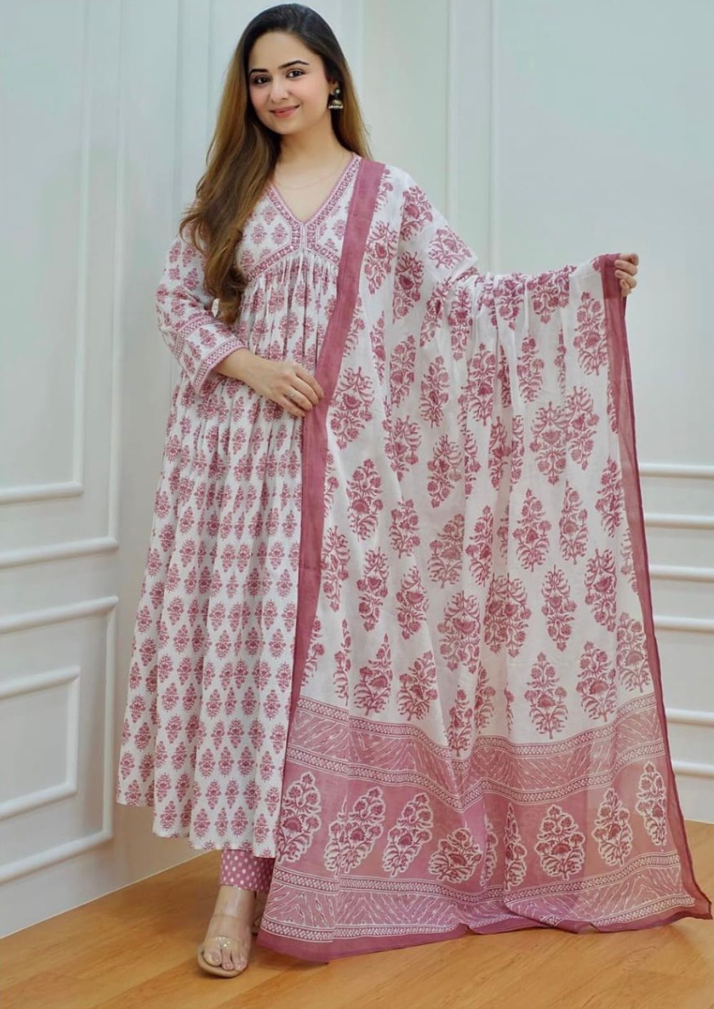 Beautiful Cotton Pink Anarkali Kurti Pant With Dupatta