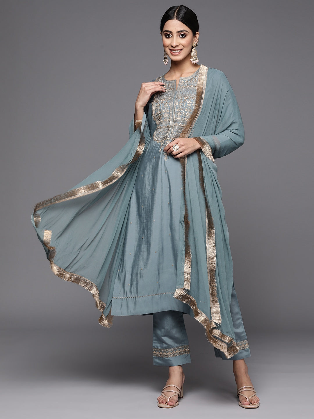 Viscose Chanderi Embroidery Work Kurta Set With Dupatta