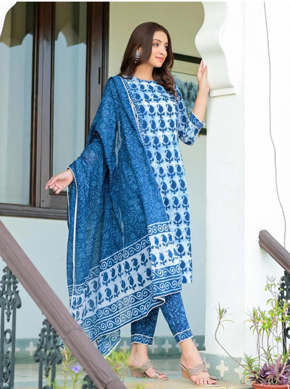 Beautiful Printed Sky Blue Colour Cotton kurta pant and dupatta set