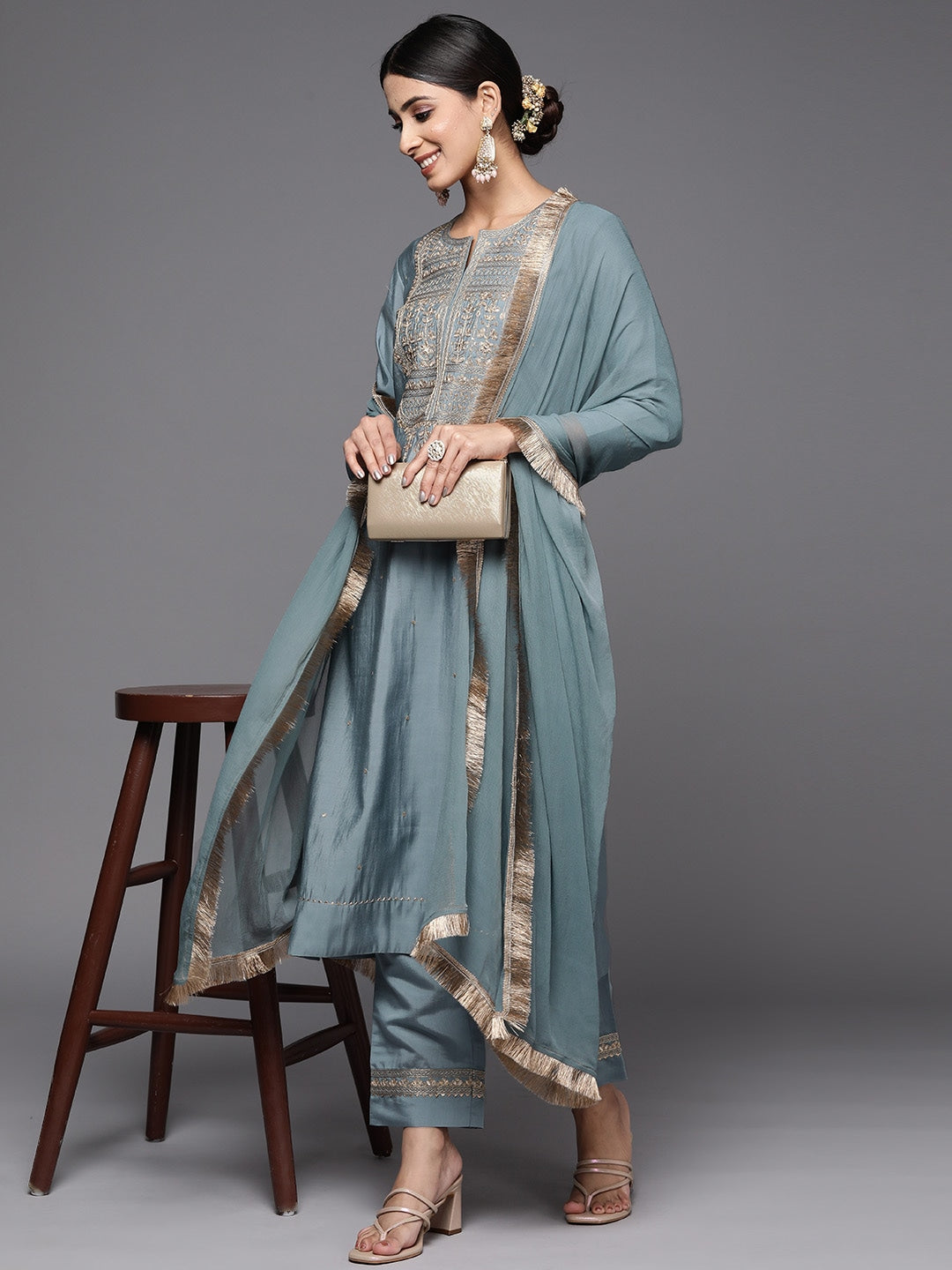 Viscose Chanderi Embroidery Work Kurta Set With Dupatta