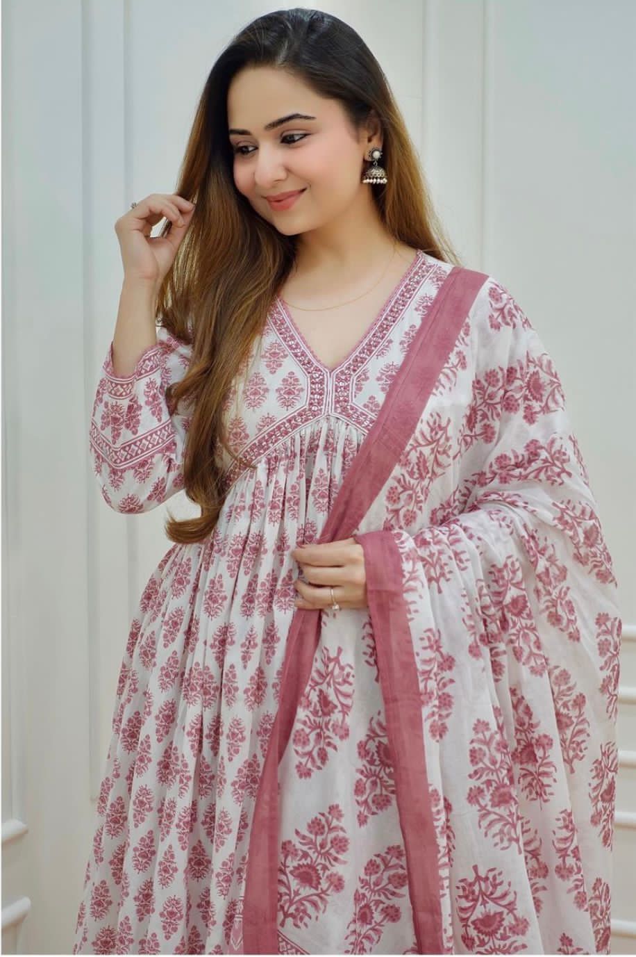 Beautiful Cotton Pink Anarkali Kurti Pant With Dupatta