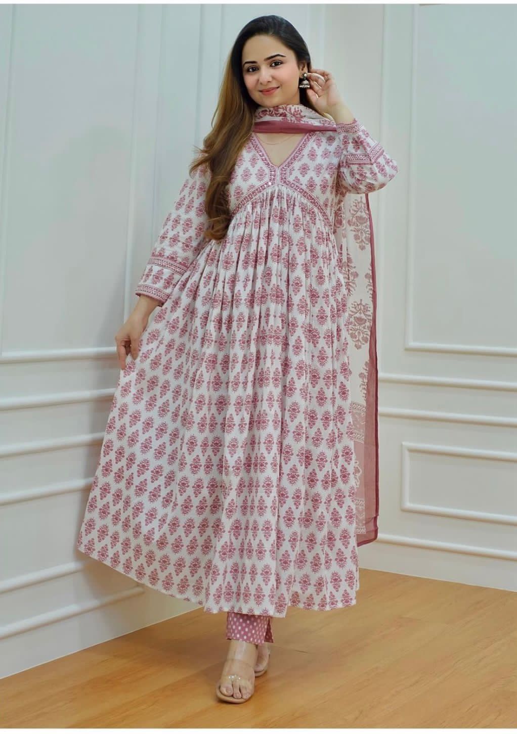 Beautiful Cotton Pink Anarkali Kurti Pant With Dupatta