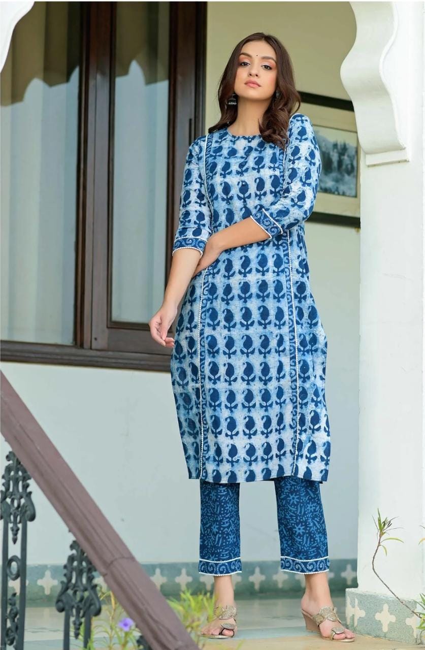 Beautiful Printed Sky Blue Colour Cotton kurta pant and dupatta set
