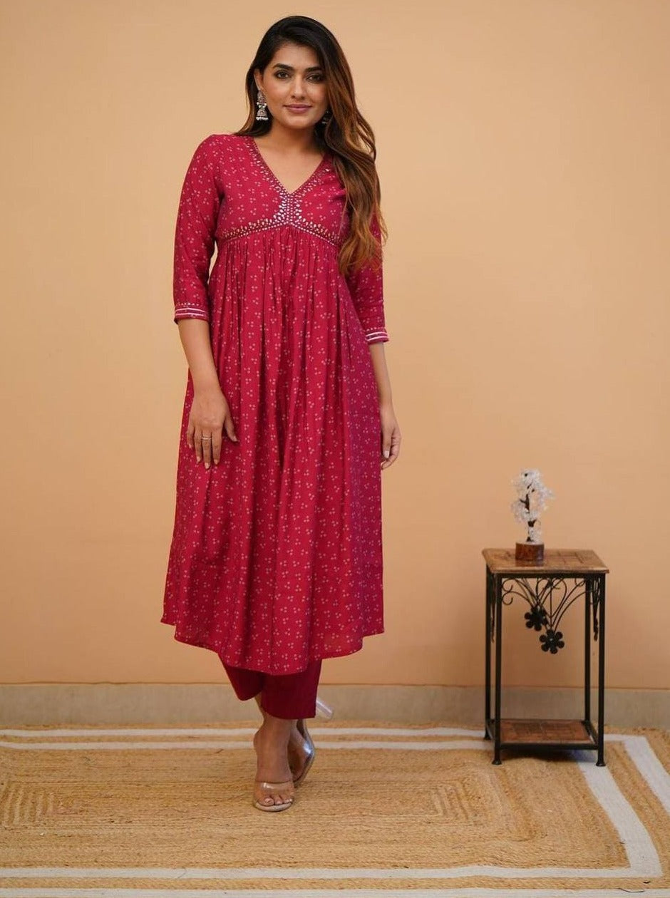 Rayon Mirror Embroidered Badhani Kurta Set