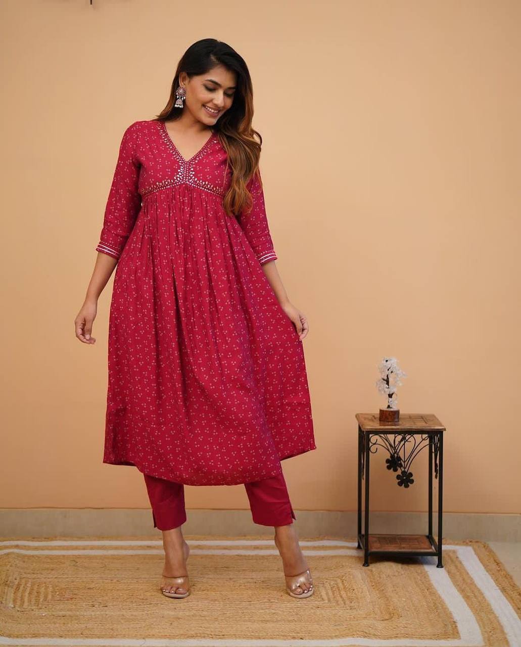 Rayon Mirror Embroidered Badhani Kurta Set