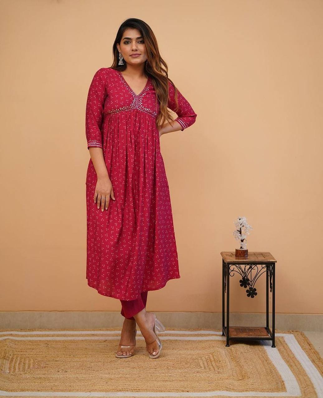 Rayon Mirror Embroidered Badhani Kurta Set