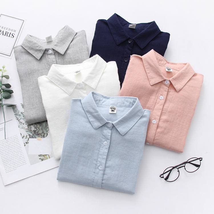 Cotton Solid Long Sleeve Shirt Women