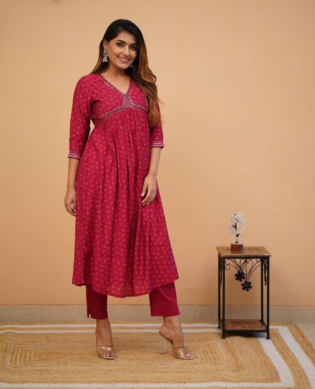 Rayon Mirror Embroidered Badhani Kurta Set