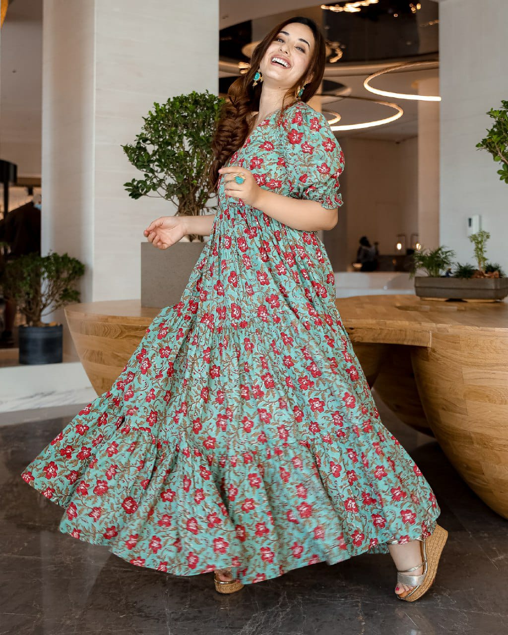 Mint Green poly Cotton Digital Printed Lush Gown Set