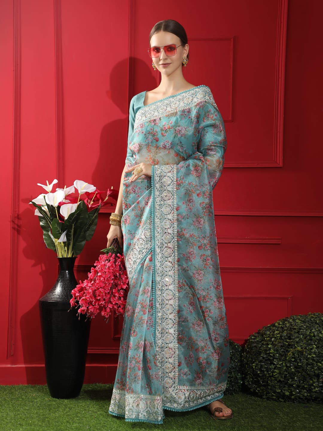 Blue Soft Organza Silk Saree With Fine Sequence Embroidered Border Work