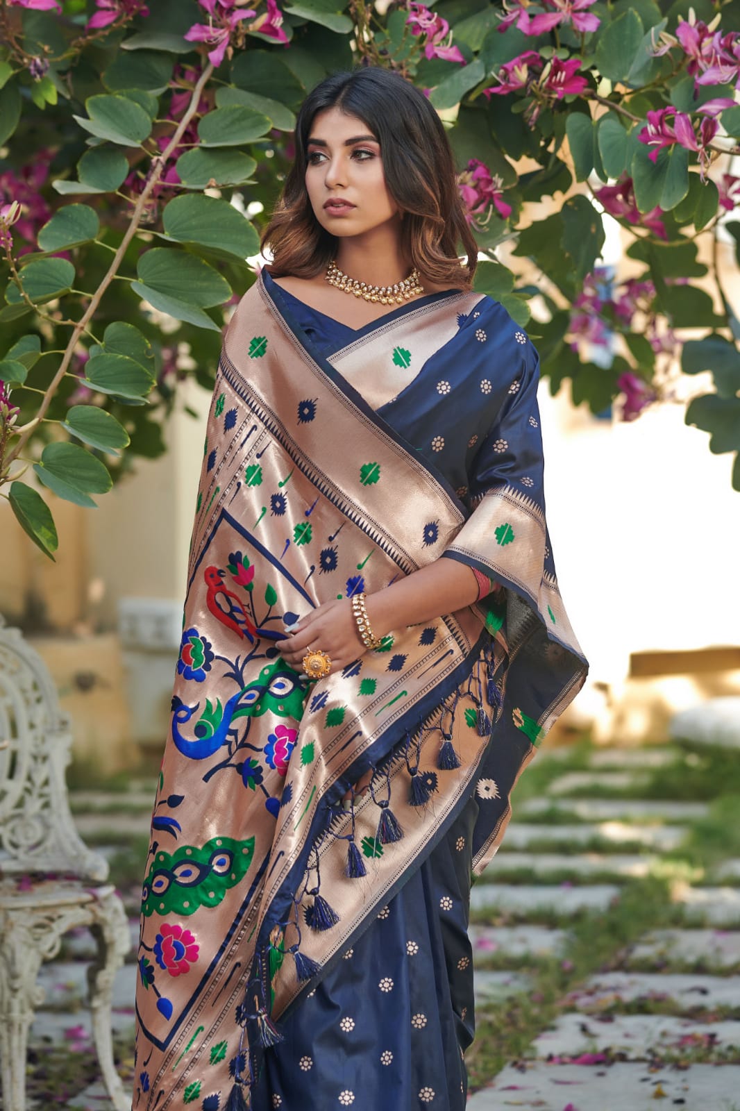 Blue Banarasi Soft Silk Paithani Saree With Zari Border
