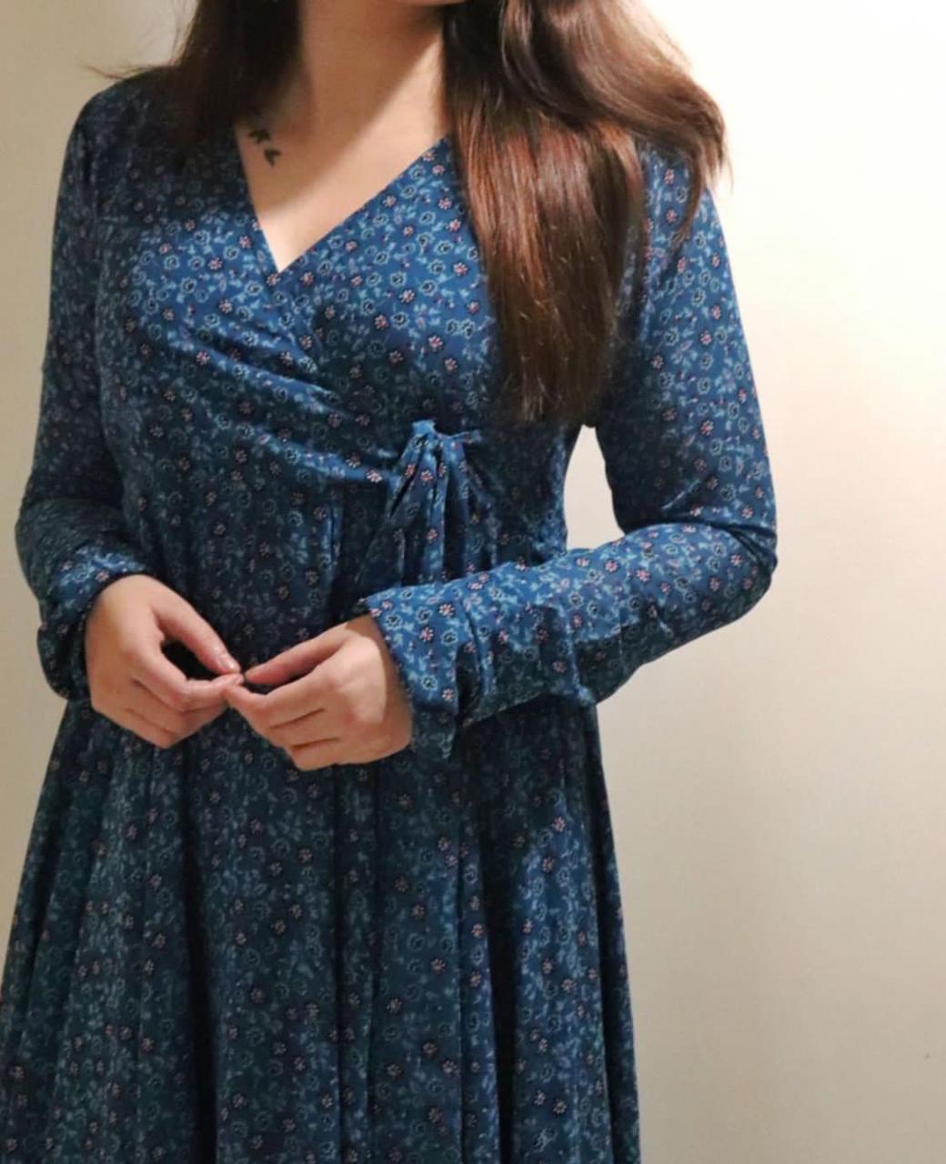 Navy Blue Floral Printed Georgette Gown