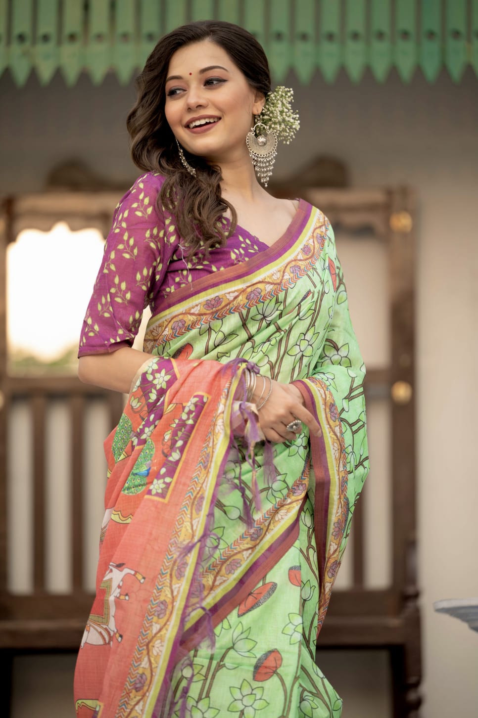 Pale Green Linen Cotton Pichwai Print Saree