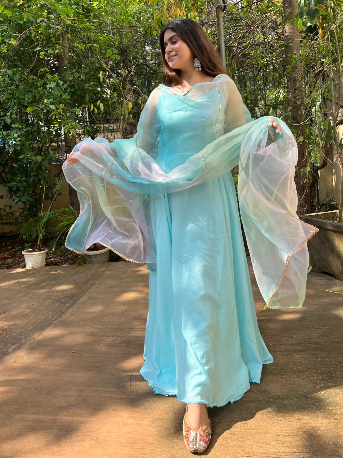 Heavy Sky Firozi Maska Cotton Gown With Dupatta Set