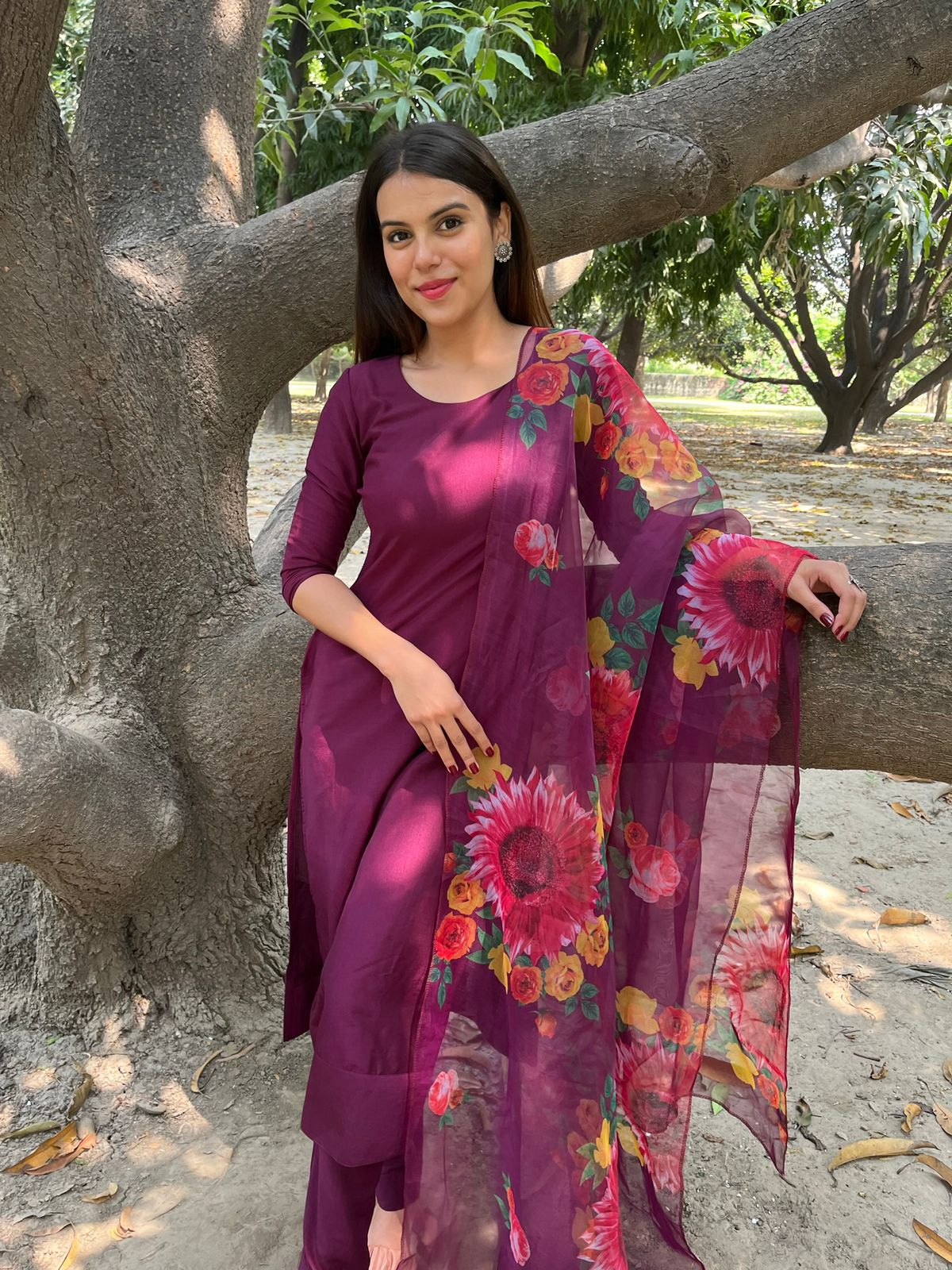 Wine Muska Cotton Kurta Set With Dupatta
