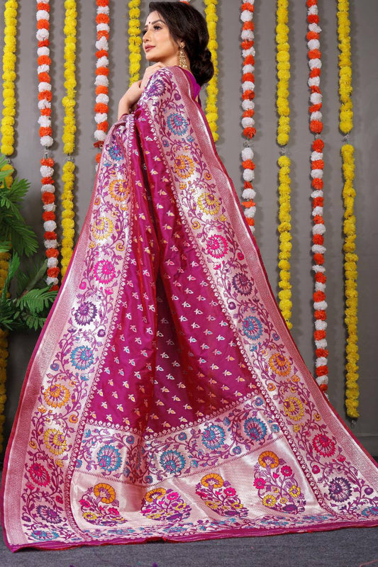 Beautiful Pink Saree With Silk With Weaving Silver Zari