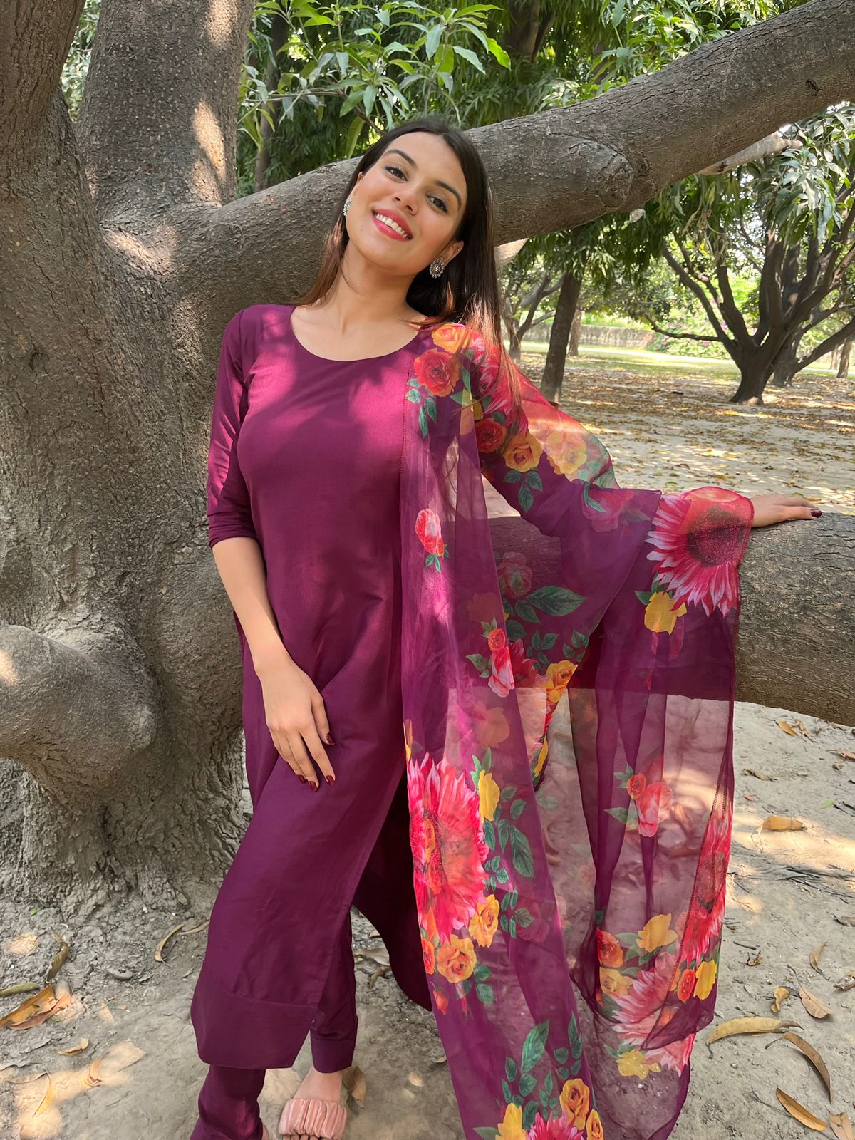 Wine Muska Cotton Kurta Set With Dupatta
