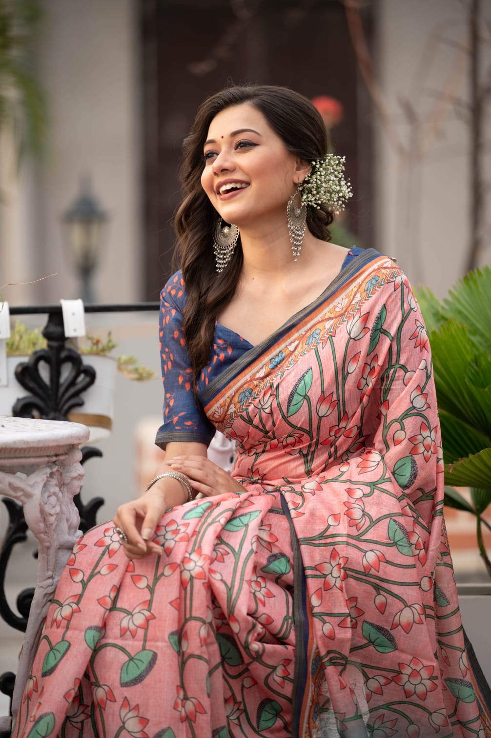 Rose Pink Linen Cotton Pichwai Print Saree