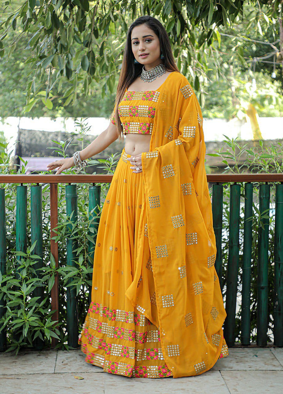 Mustered Embroidered Faux Georgette Party Wear Lehenga Choli