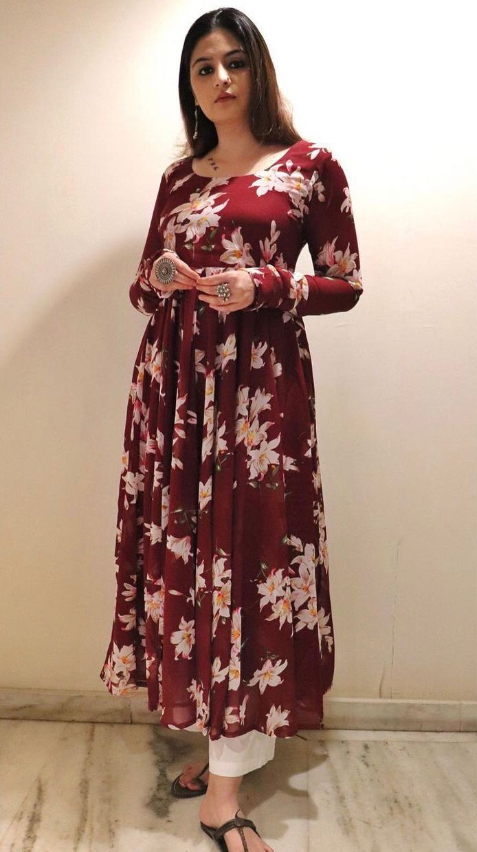 Red Georgette Gown With Digital Flower Print