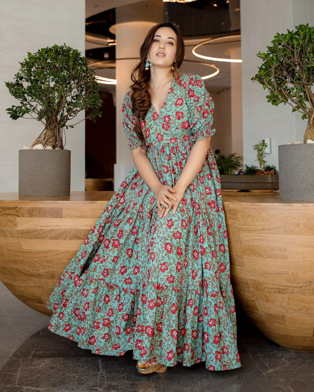 Mint Green poly Cotton Digital Printed Lush Gown Set
