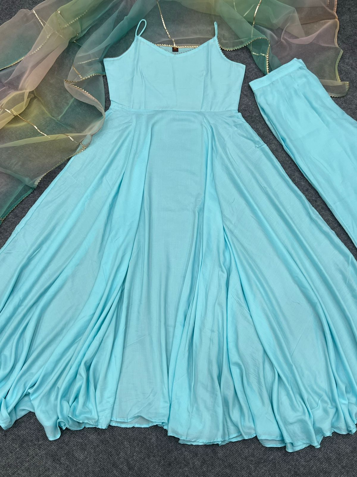 Heavy Sky Firozi Maska Cotton Gown With Dupatta Set