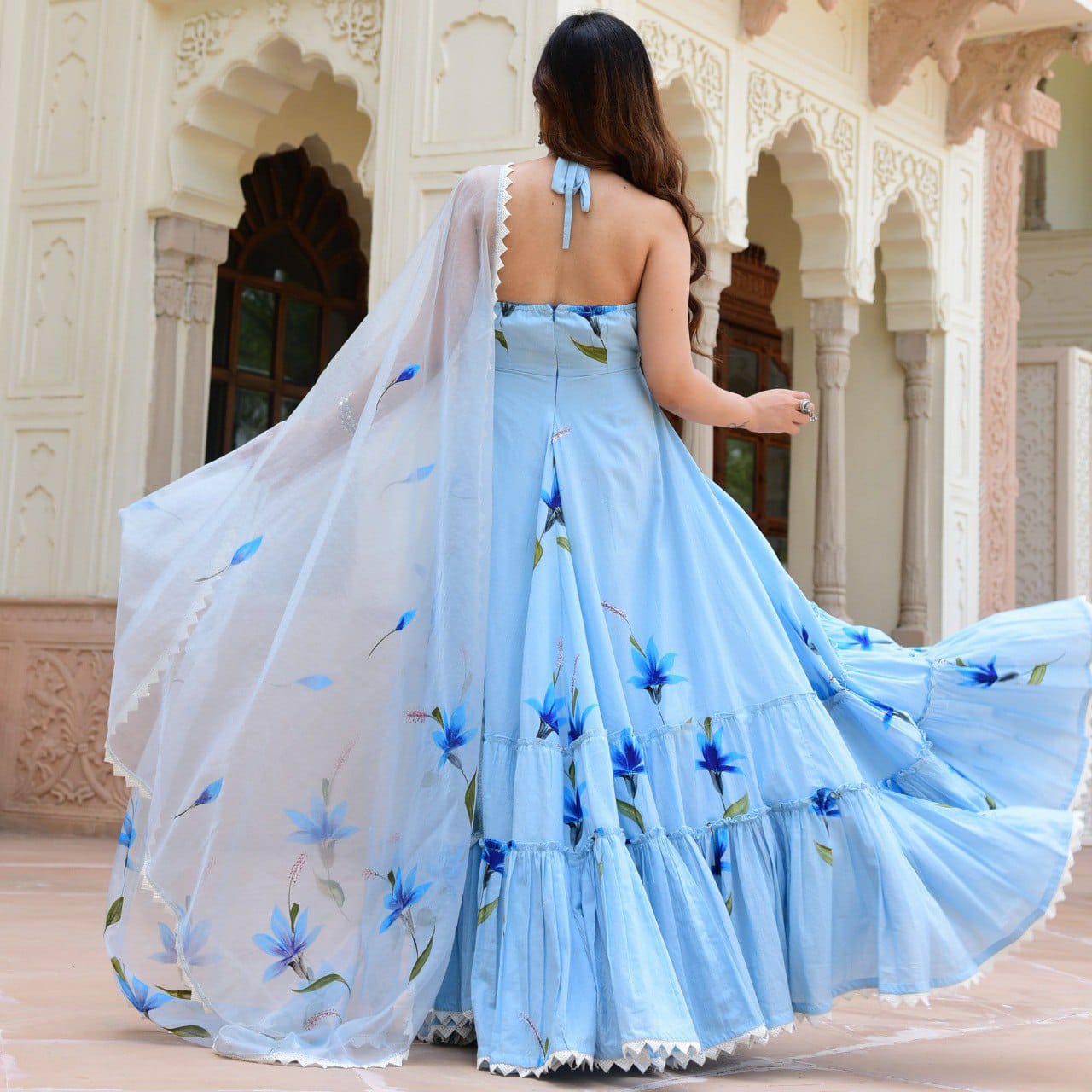 Cotton Floral Printed Maxi Gown With Dupatta Set