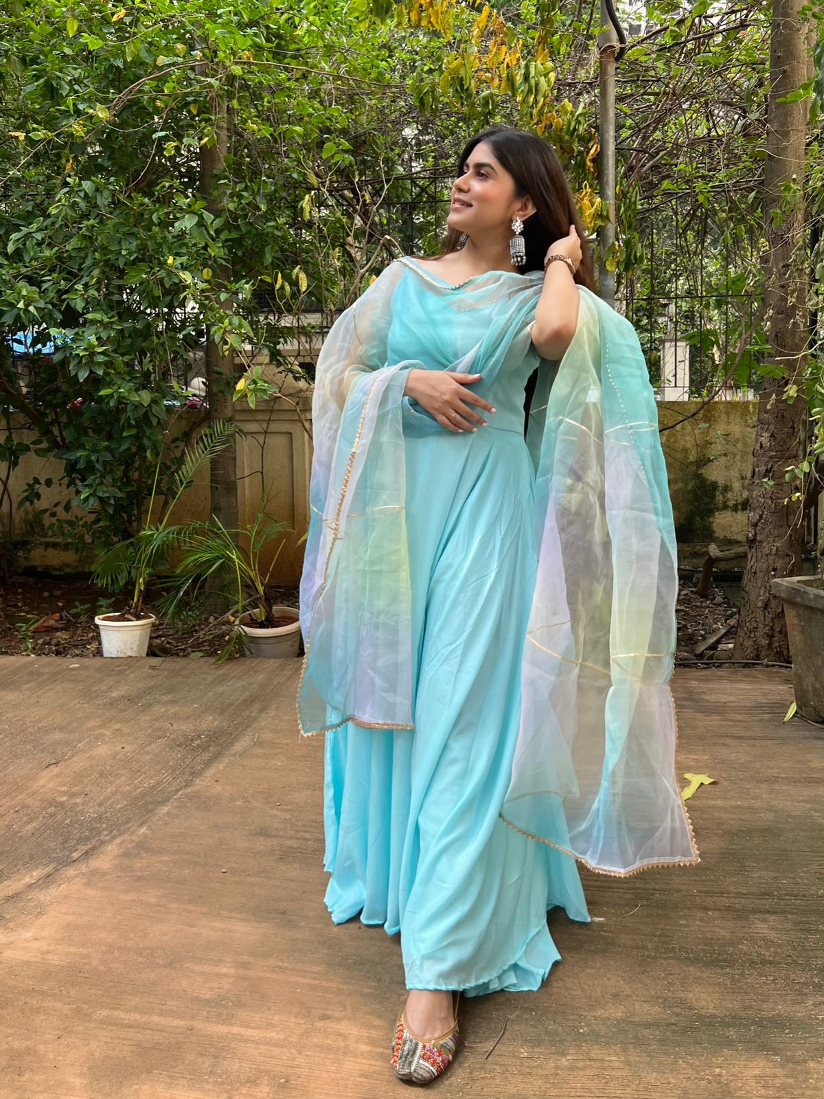 Heavy Sky Firozi Maska Cotton Gown With Dupatta Set