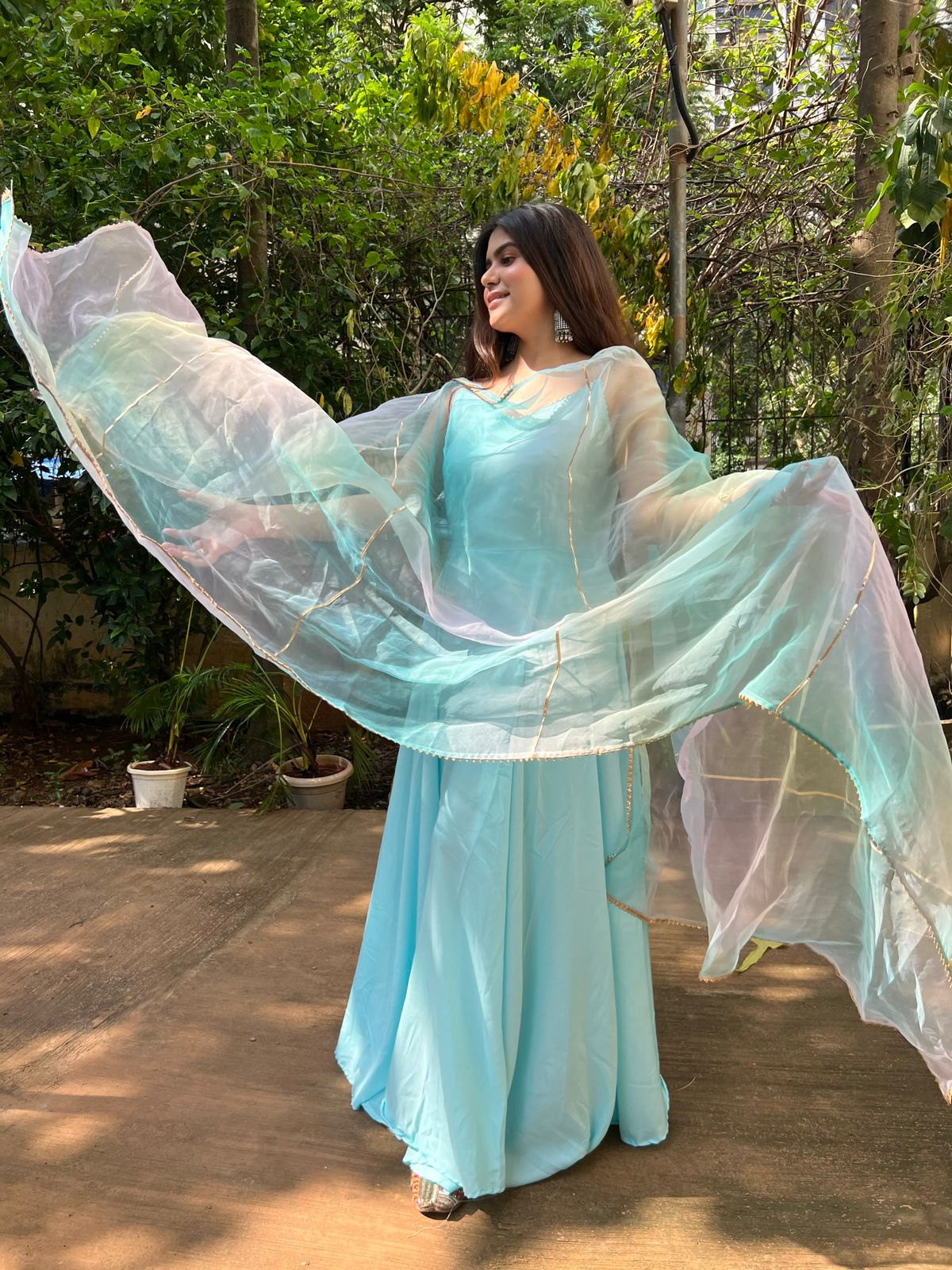 Heavy Sky Firozi Maska Cotton Gown With Dupatta Set