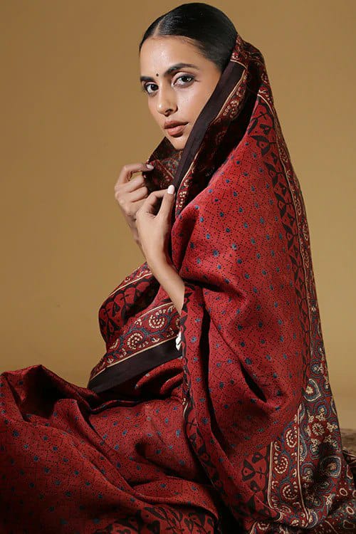 Red Ajarakh Digital Print Muslin Fabric Saree With Rich Glaze .