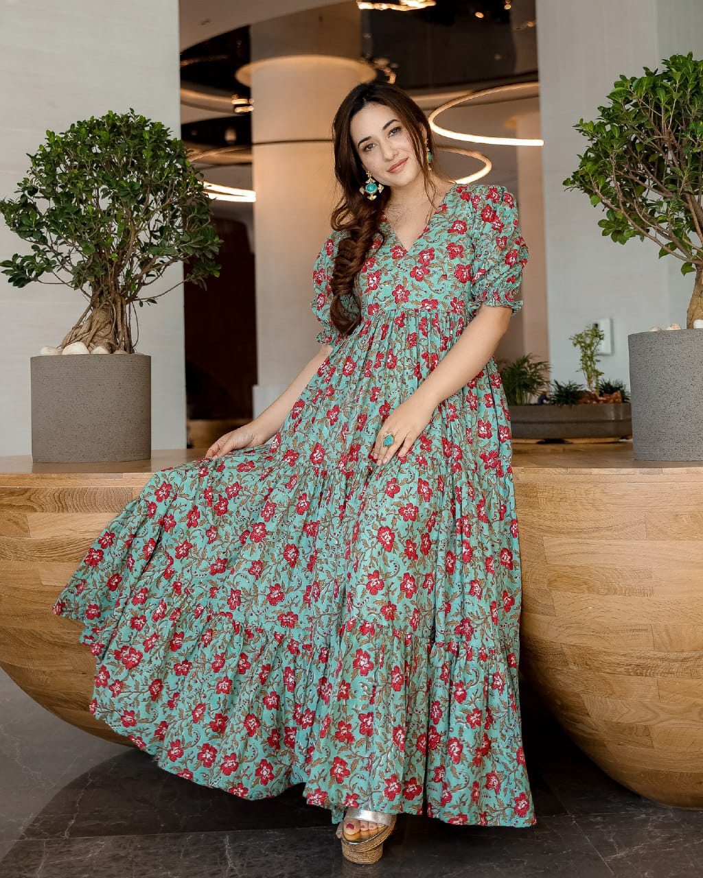 Mint Green poly Cotton Digital Printed Lush Gown Set