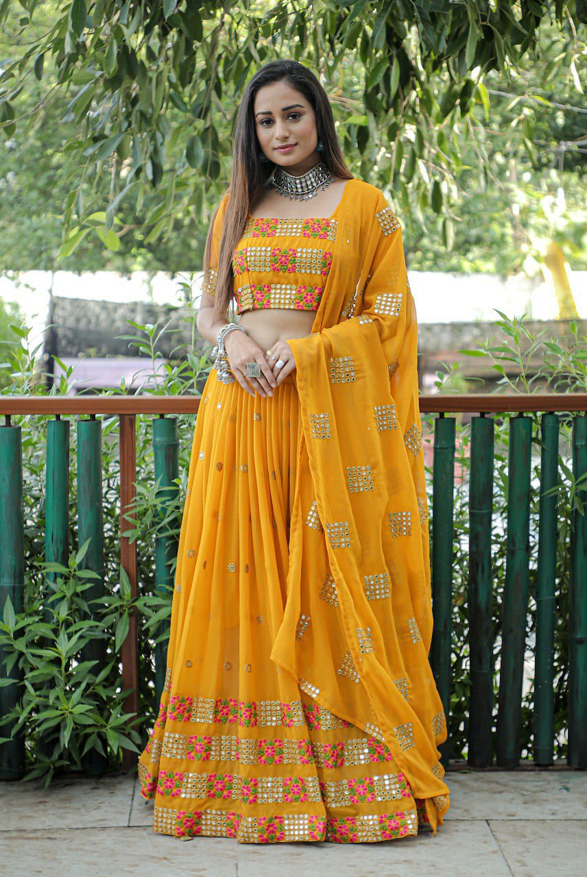 Mustered Embroidered Faux Georgette Party Wear Lehenga Choli
