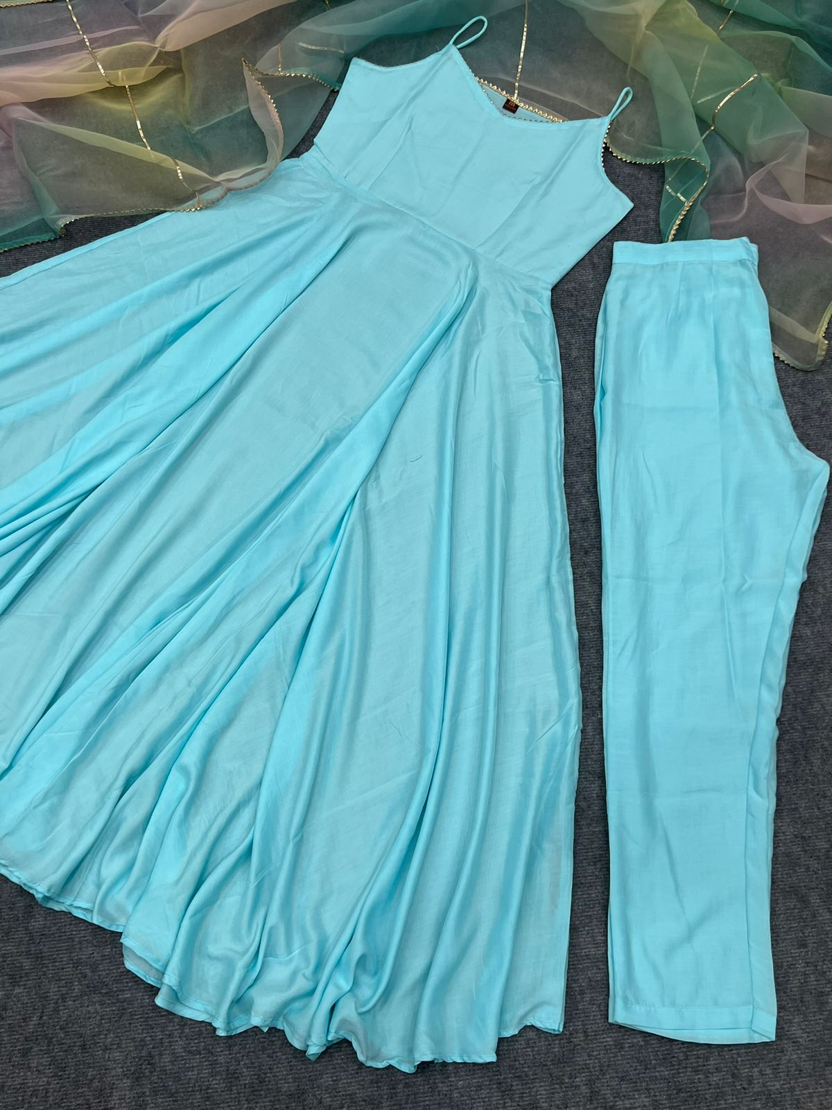 Heavy Sky Firozi Maska Cotton Gown With Dupatta Set