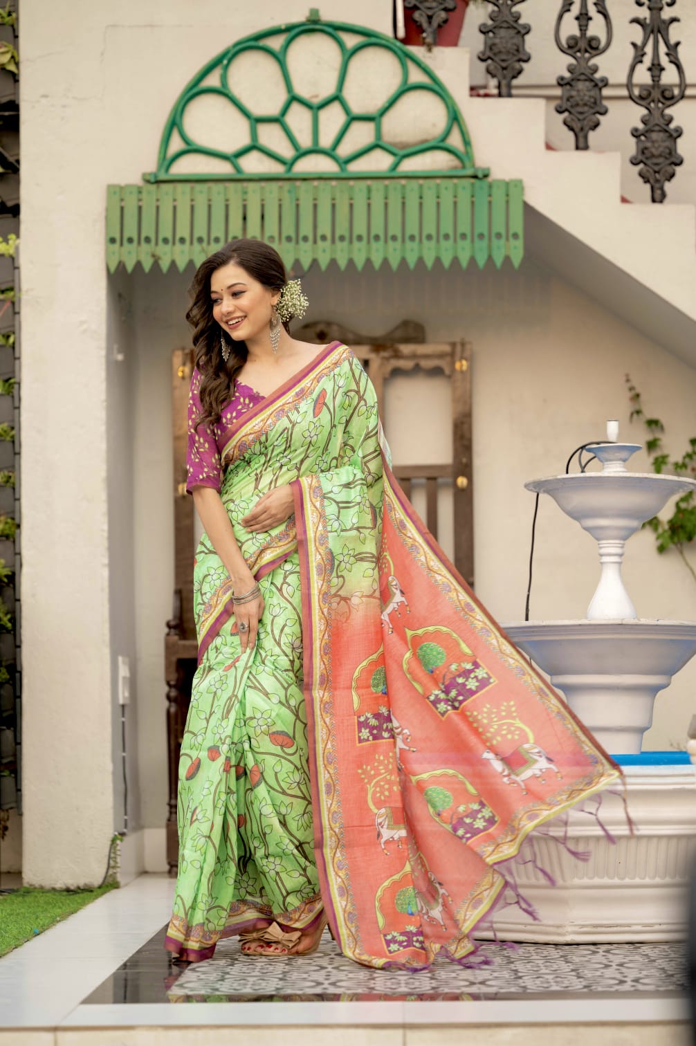 Pale Green Linen Cotton Pichwai Print Saree