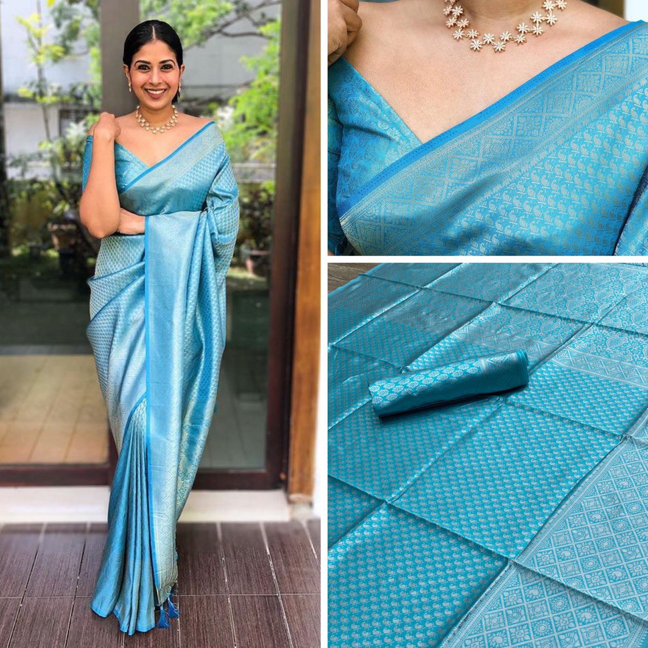 Sky Silver Lichi Silk Banarasi Saree