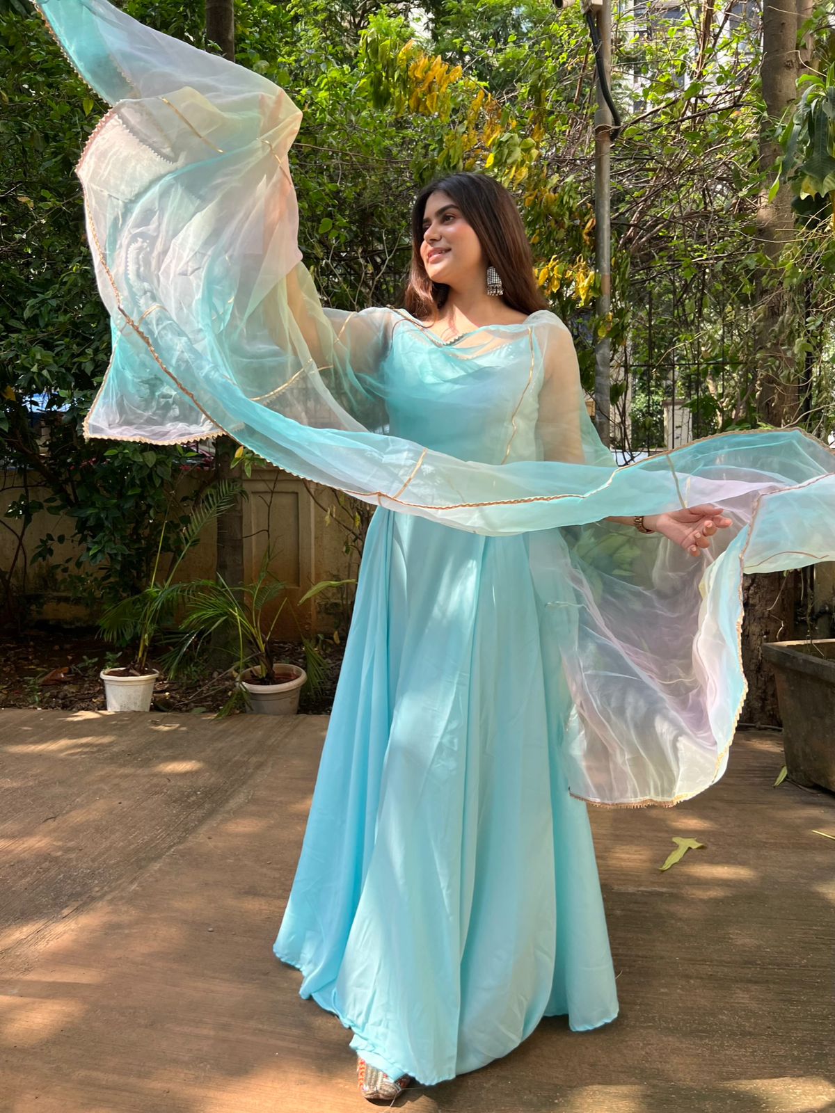 Heavy Sky Firozi Maska Cotton Gown With Dupatta Set