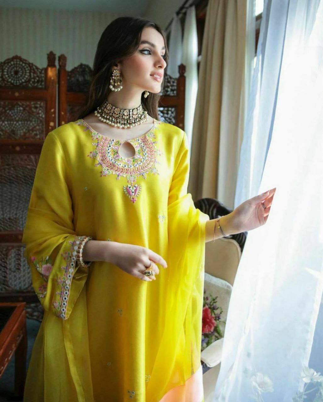 Gorgeous Yellow Faux Georgette Top and Bottom With Dupatta