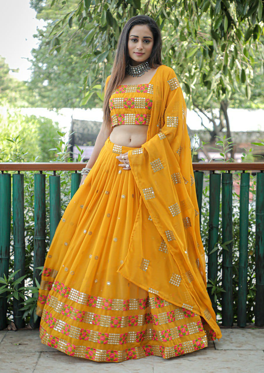 Mustered Embroidered Faux Georgette Party Wear Lehenga Choli