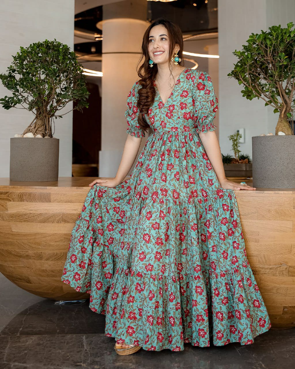 Mint Green poly Cotton Digital Printed Lush Gown Set
