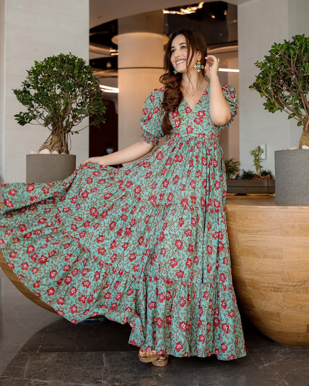 Mint Green poly Cotton Digital Printed Lush Gown Set