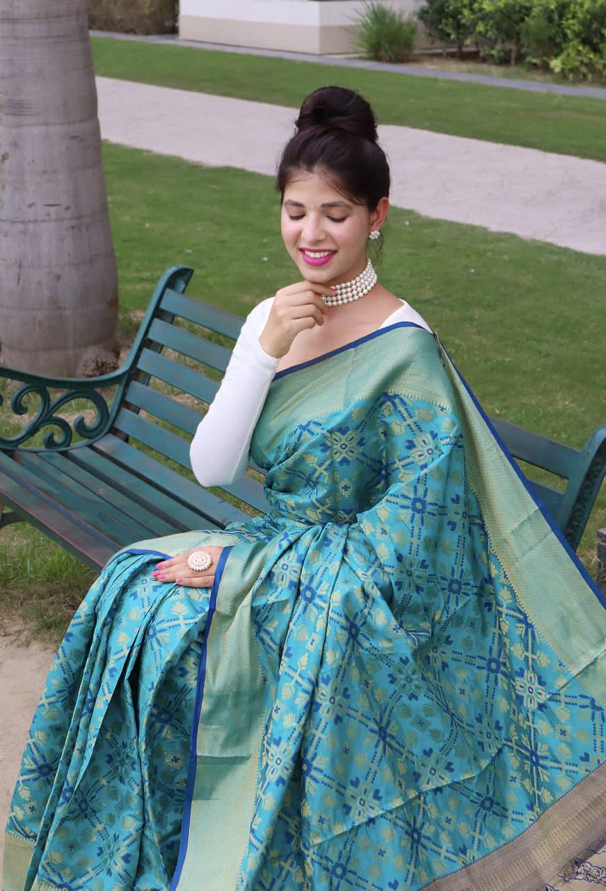 Sky Blue Bandhej Silk Saree With Weaving Gold Zari Border