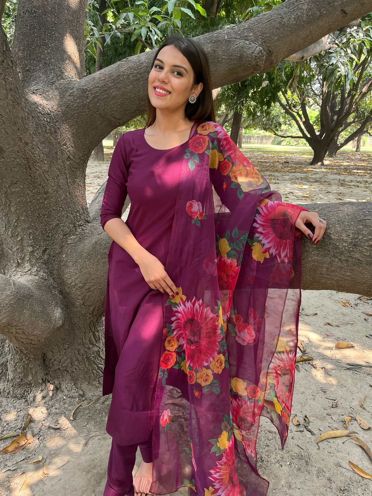 Wine Muska Cotton Kurta Set With Dupatta