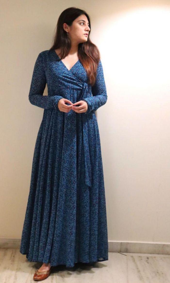 Navy Blue Floral Printed Georgette Gown
