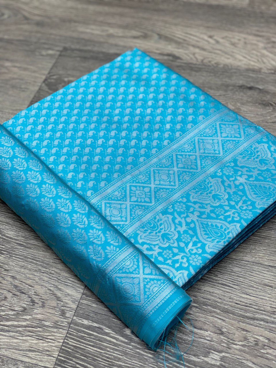 Sky Silver Lichi Silk Banarasi Saree