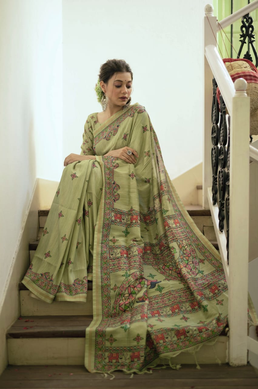 Parrot Tussar Silk Saree With Madhubani Print