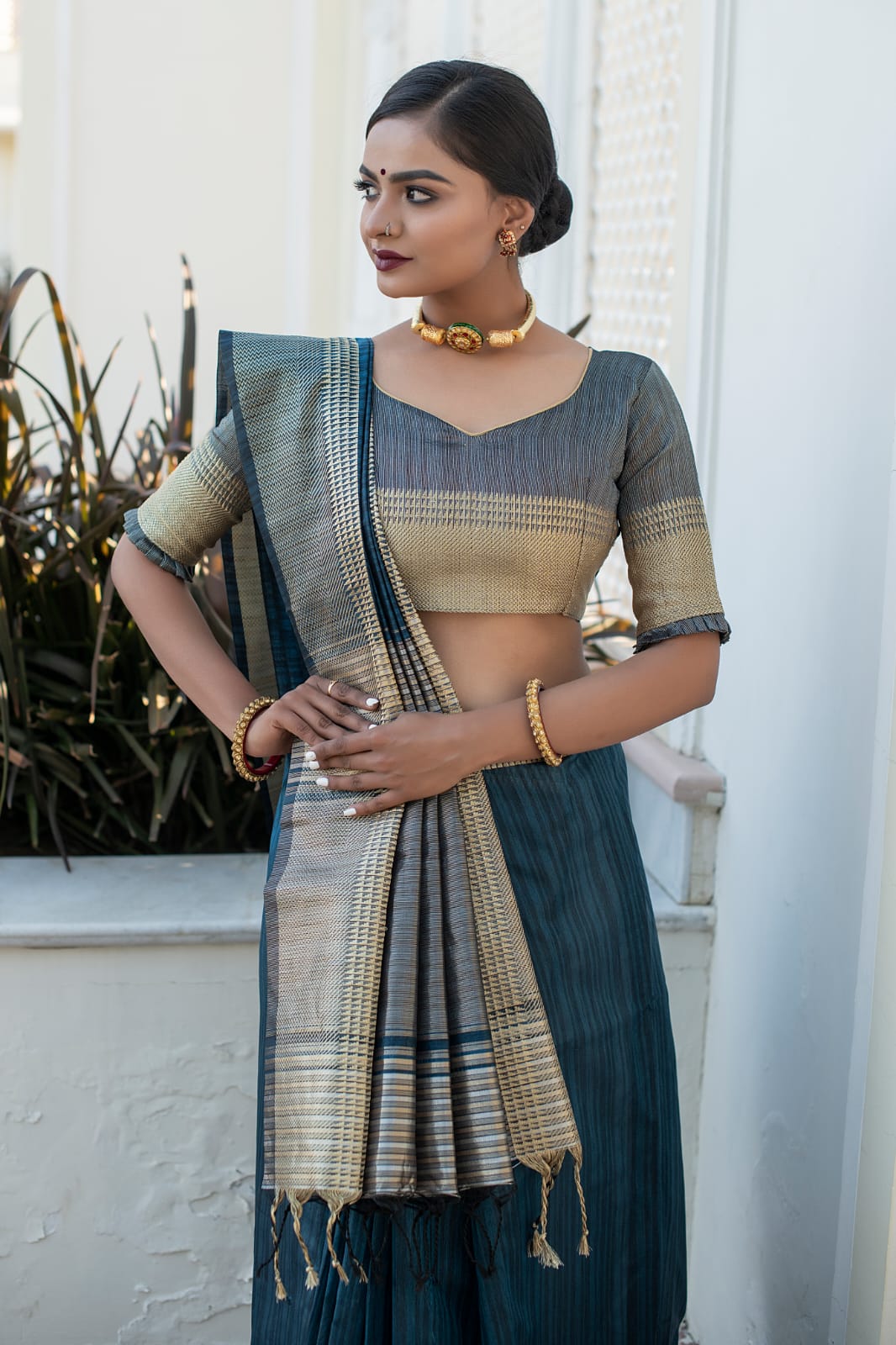 Teal Tassar Silk Saree With Jhalar