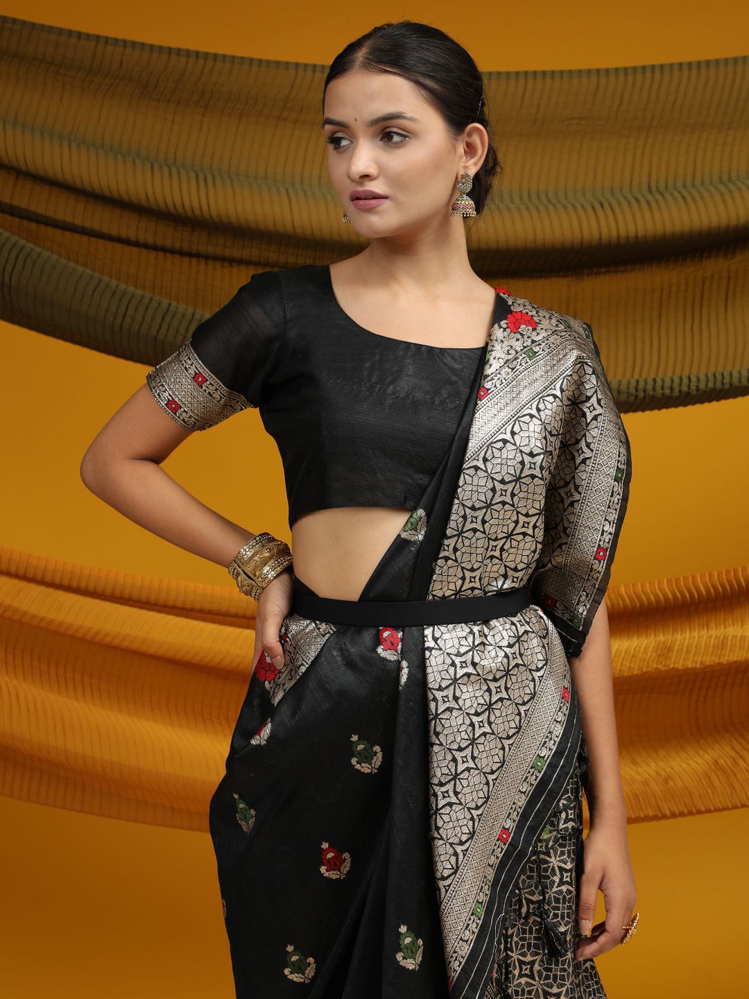 Black Meena woven Border And Zari Woven Pallu With Fancy Tassels